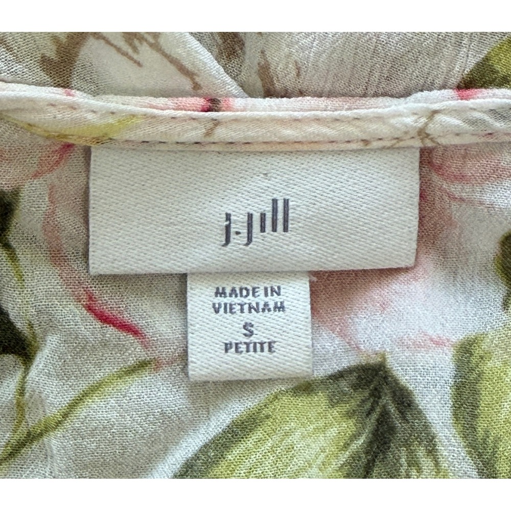 J. Jill Floral Ruffle Button Down Blouse Pink Green Rayon Petite Small‎ - Picture 4 of 10